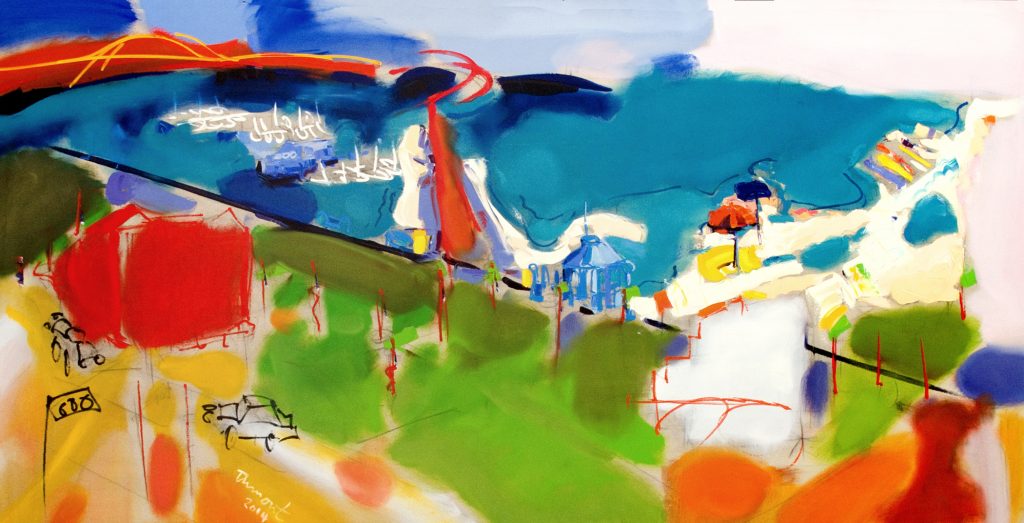 “Magic of North Shoreline Drive, Corpus Christi,” 48″ x 96″ oil on canvas